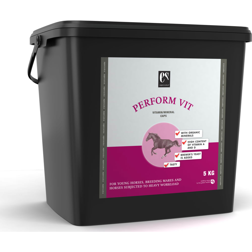 Velsmagende tilskudsfoder tilsat vitaminer og mineraler. Equsana Perform Vit Caps er udviklet til plage/ungheste, avlshopper og heste i hård træning.
