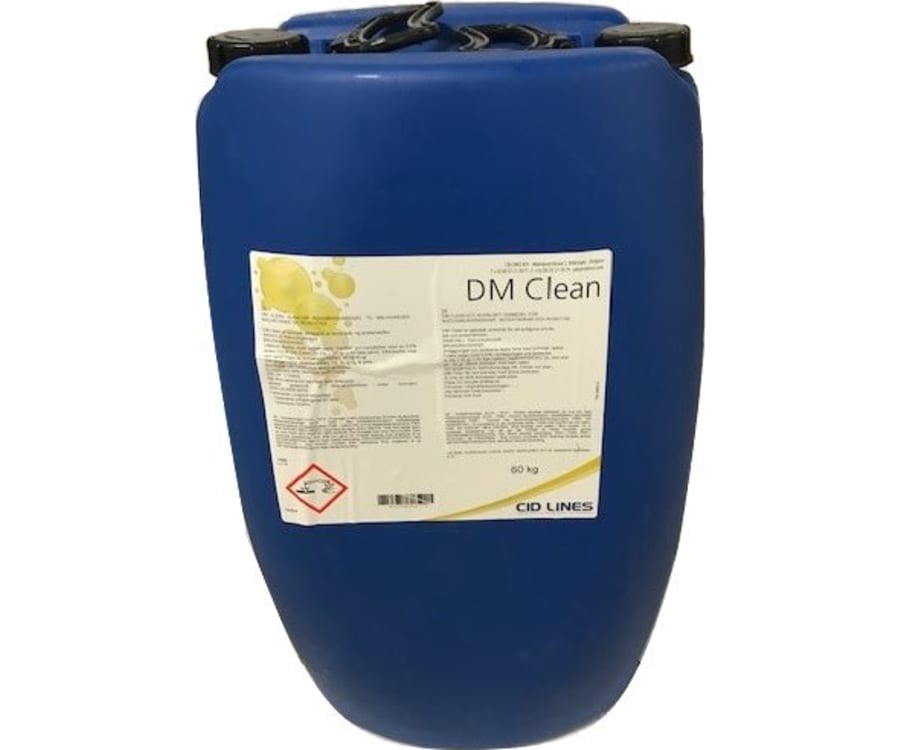 60 kg dunk Dm Clean. Anvendes til rengøring af malkeanlæg, malkerobotter, køletanke samt vådfoderanlæg og vandsystemer.