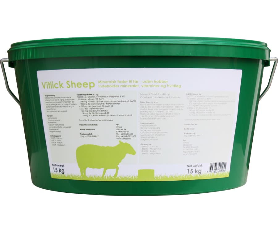 Vitlick Sheep er slikspand til får med indhold af alle vigtige vitaminer og mineraler. 